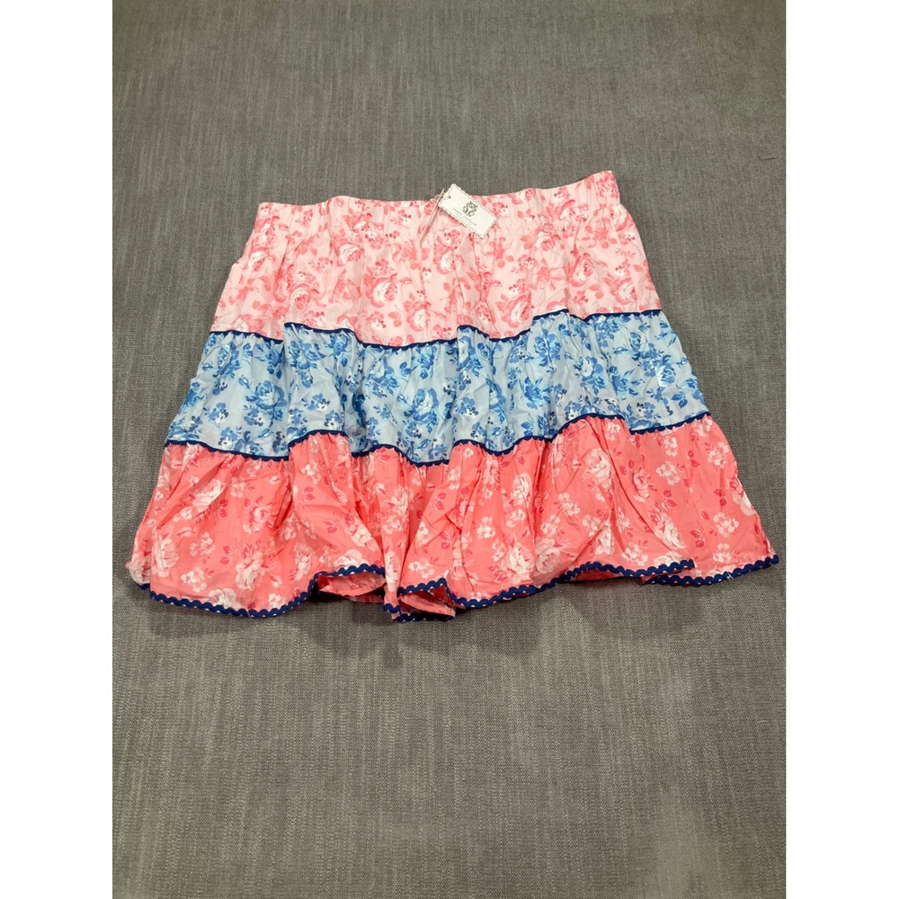 Simply Southern XXL Floral Tiered Mini Skirt Pink Blue Ric Rac Trim NWT